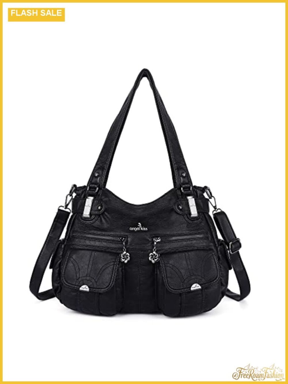 Large Washed PU Leather Satchel Handbag Double Zipper Multi Pocket Shoulder Bag